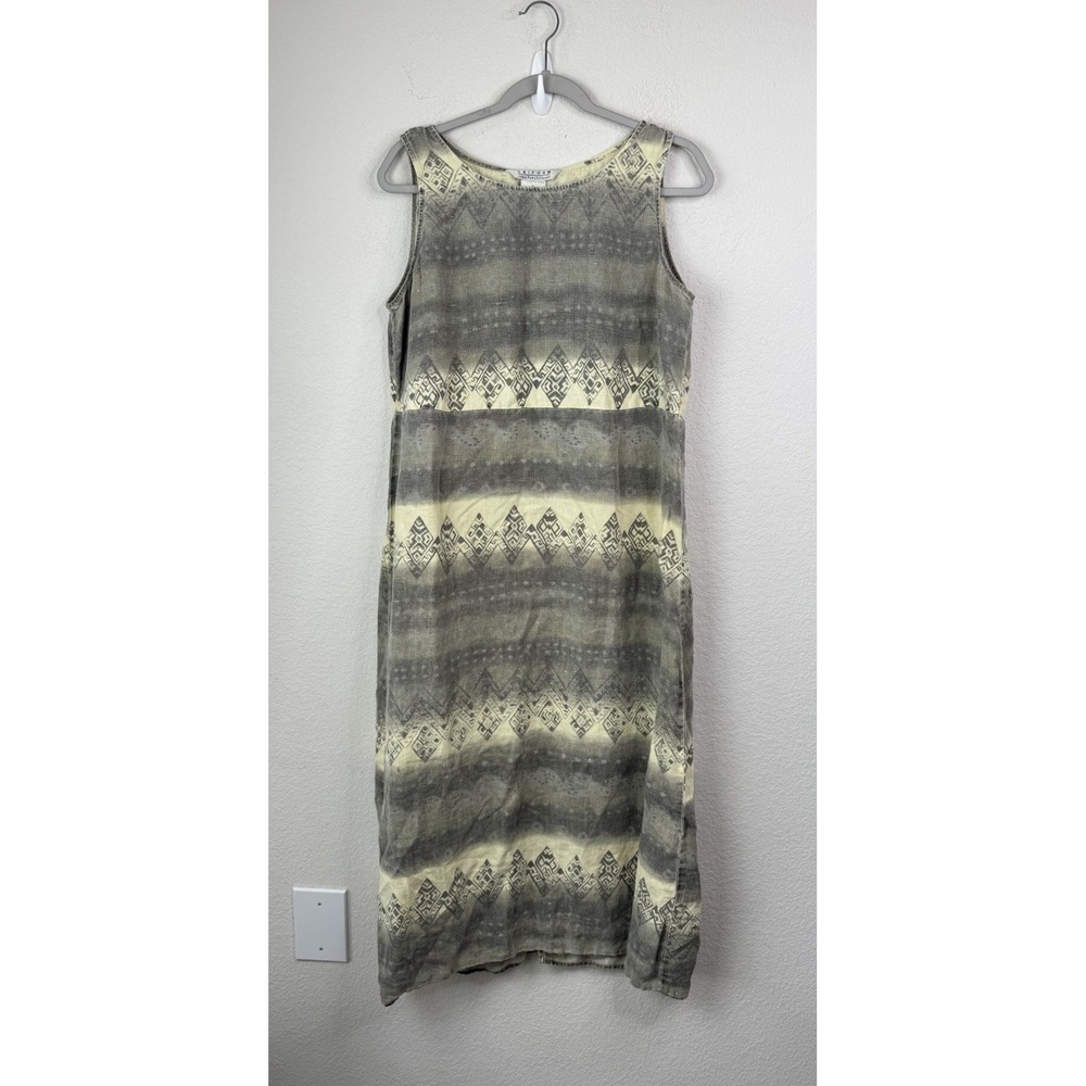 Uniform John Paul Richard 100% Linen Maxi Dress L Gray Tribal Print‎ Boho Ethnic